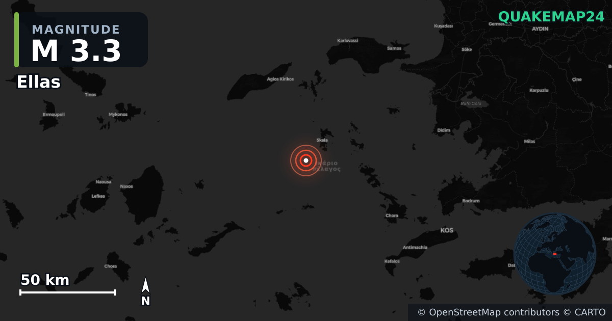 M3.3 earthquake near Ellas on Mar 17, 2026 — map of epicenter and shaking intensity | QuakeMap24