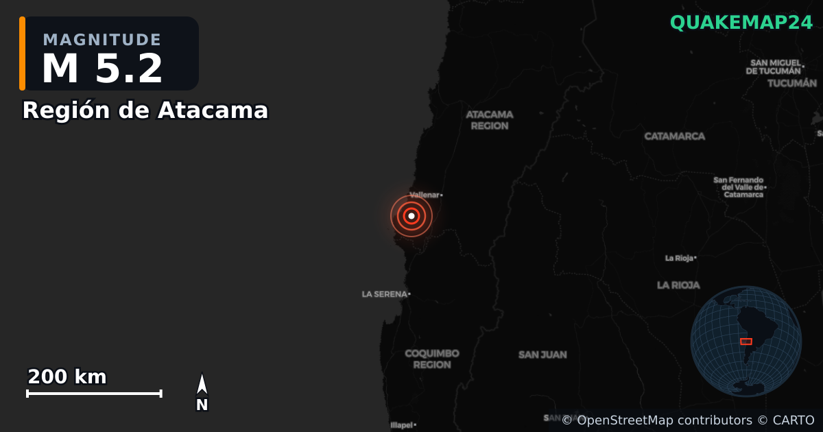 M5.2 earthquake near Región de Atacama on Dec 10, 2025 — map of epicenter and shaking intensity | QuakeMap24