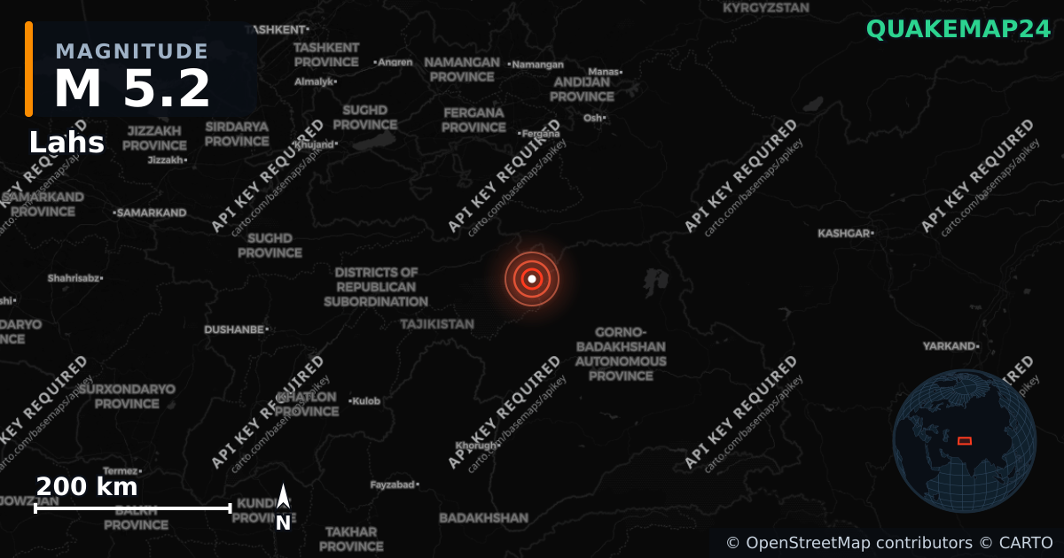 M5.2 earthquake near Lahs on Jun 3, 2026 — map of epicenter and shaking intensity | QuakeMap24