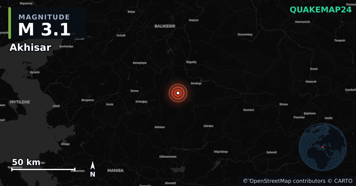 M3.1 earthquake near Akhisar on Aug 17, 2025 — map of epicenter and shaking intensity | QuakeMap24