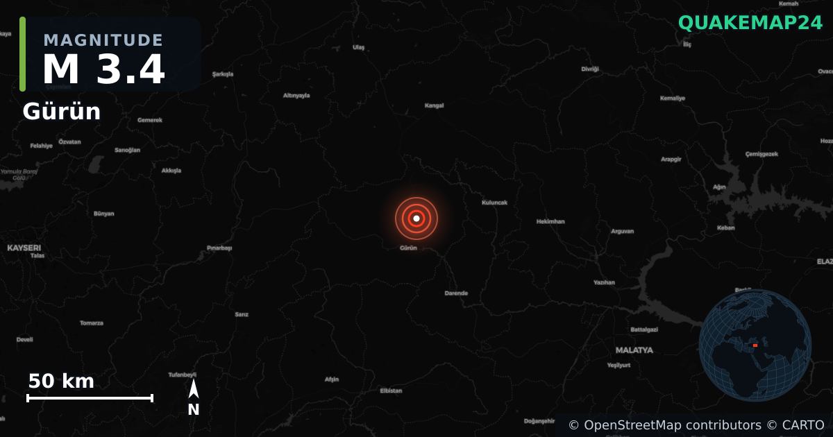 M3.4 earthquake near Gürün on Jul 11, 2026 — map of epicenter and shaking intensity | QuakeMap24