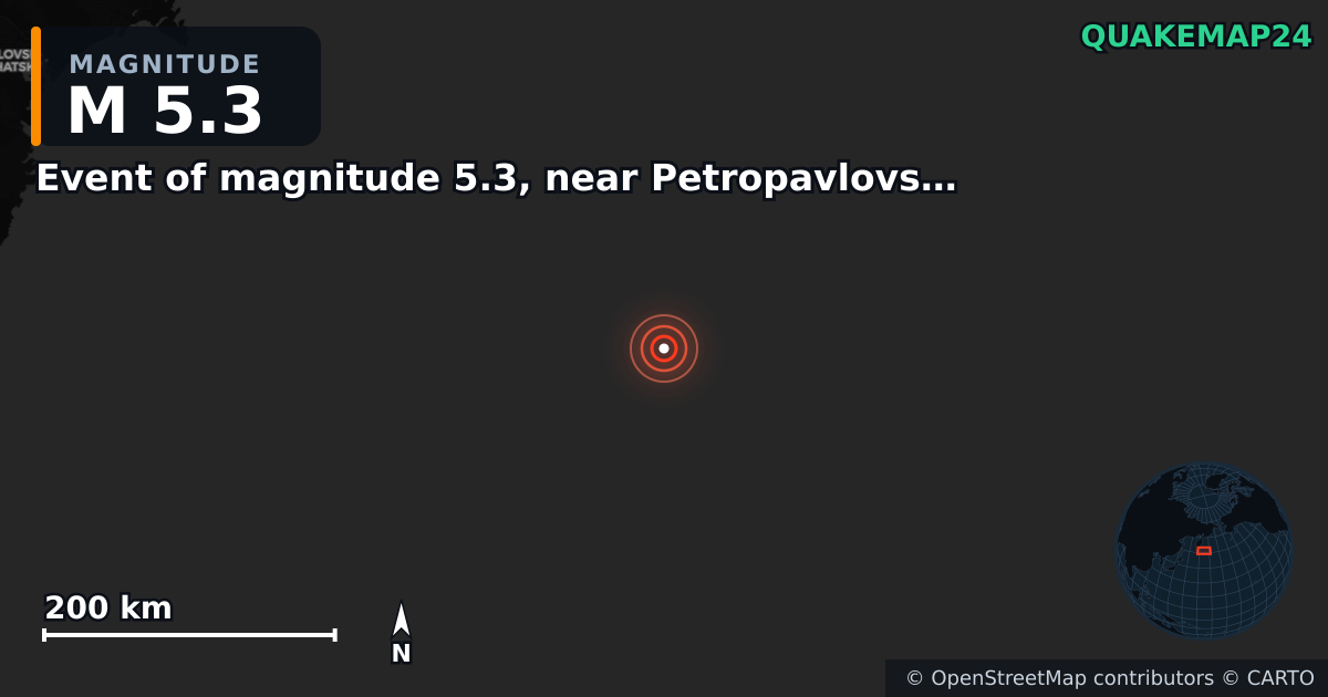 Erdbeben M5,3 bei Event of magnitude 5.3, near Petropavlovsk Kamchatskiy (Monde) — Karte der Lage des Epizentrums