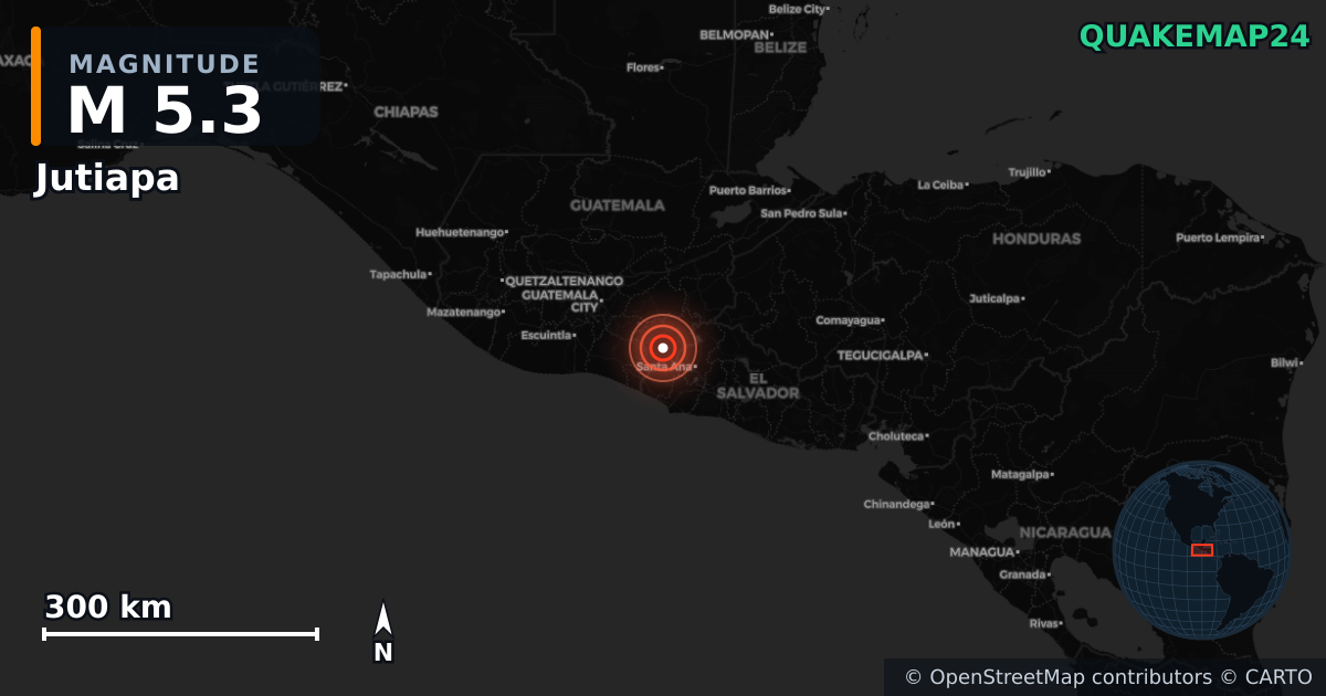 M5.3 earthquake near Jutiapa on Jul 29, 2025 — map of epicenter and shaking intensity | QuakeMap24