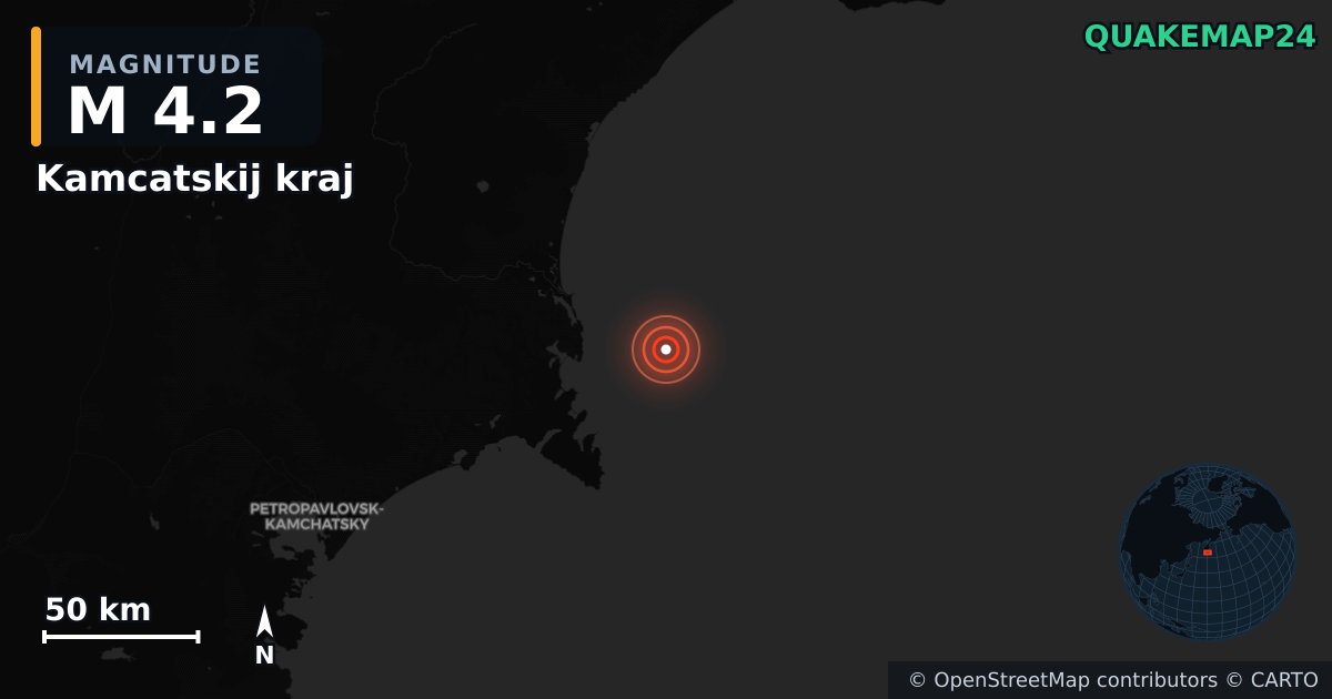 M4.2 earthquake near Kamcatskij kraj on Oct 14, 2025 — map of epicenter and shaking intensity | QuakeMap24