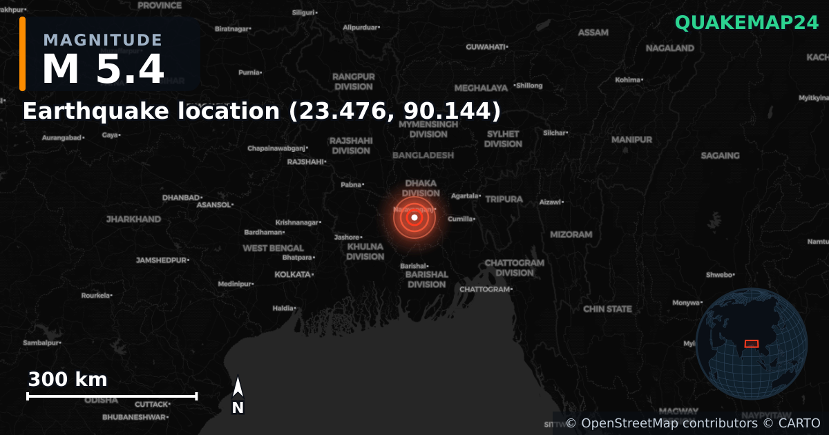 M5.4 earthquake near Lieu du séisme (23.476, 90.144) on Nov 21, 2025 — map of epicenter and shaking intensity | QuakeMap24