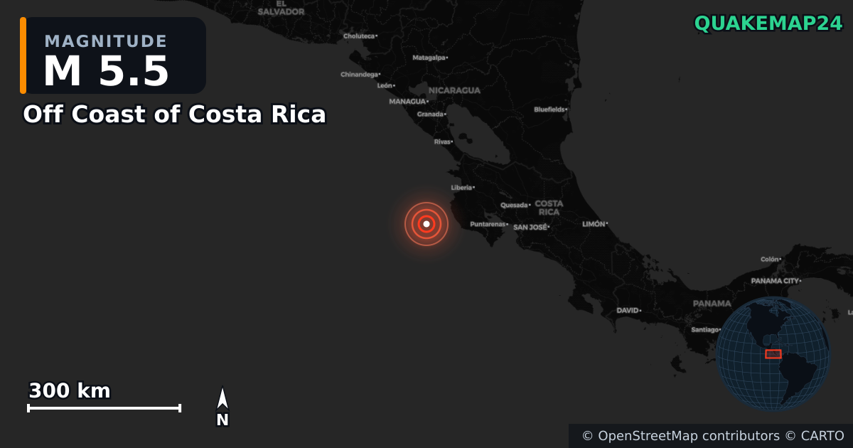 M5.5 earthquake near Off Coast of Costa Rica on Apr 15, 2026 — map of epicenter and shaking intensity | QuakeMap24