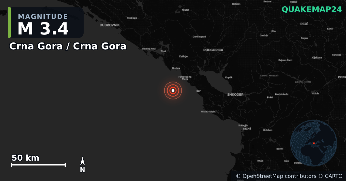M3.4 earthquake near Crna Gora / Crna Gora on Dec 11, 2025 — map of epicenter and shaking intensity | QuakeMap24