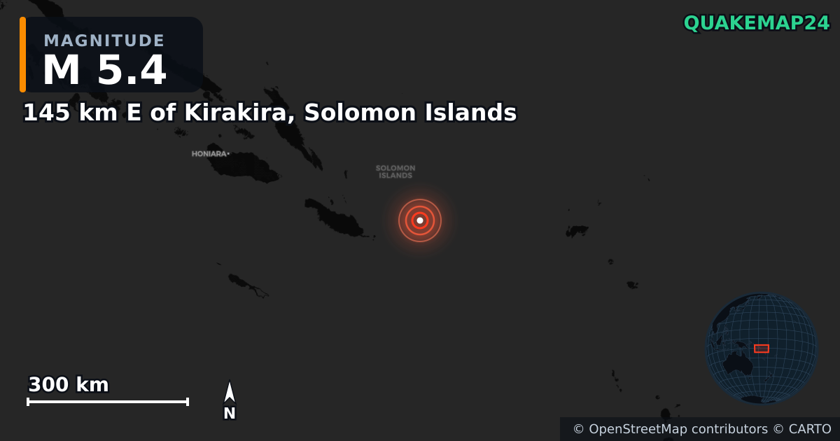 M5.4 earthquake near 145 km E of Kirakira, Solomon Islands on Jan 31, 2025 — map of epicenter and shaking intensity | QuakeMap24