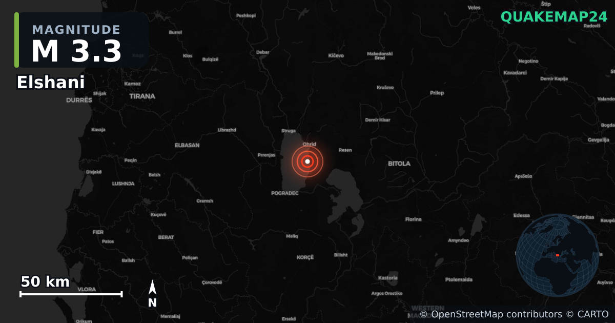 M3.3 earthquake near Elshani on Jun 11, 2026 — map of epicenter and shaking intensity | QuakeMap24