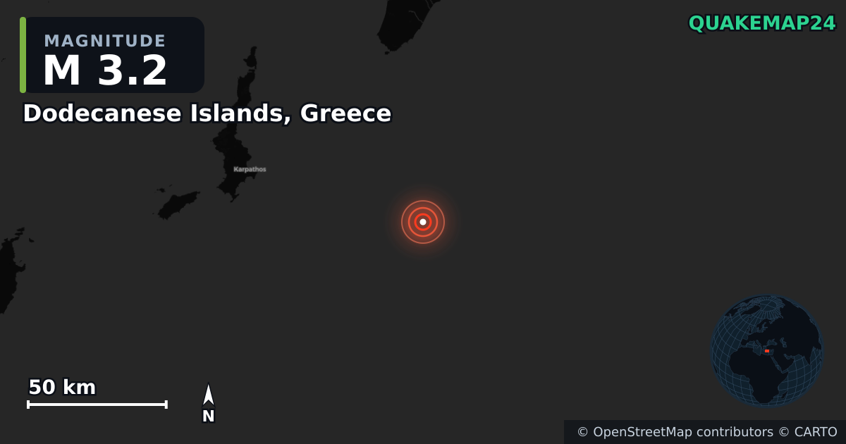 M3.2 earthquake near Dodecanese Islands, Greece on Apr 4, 2026 — map of epicenter and shaking intensity | QuakeMap24