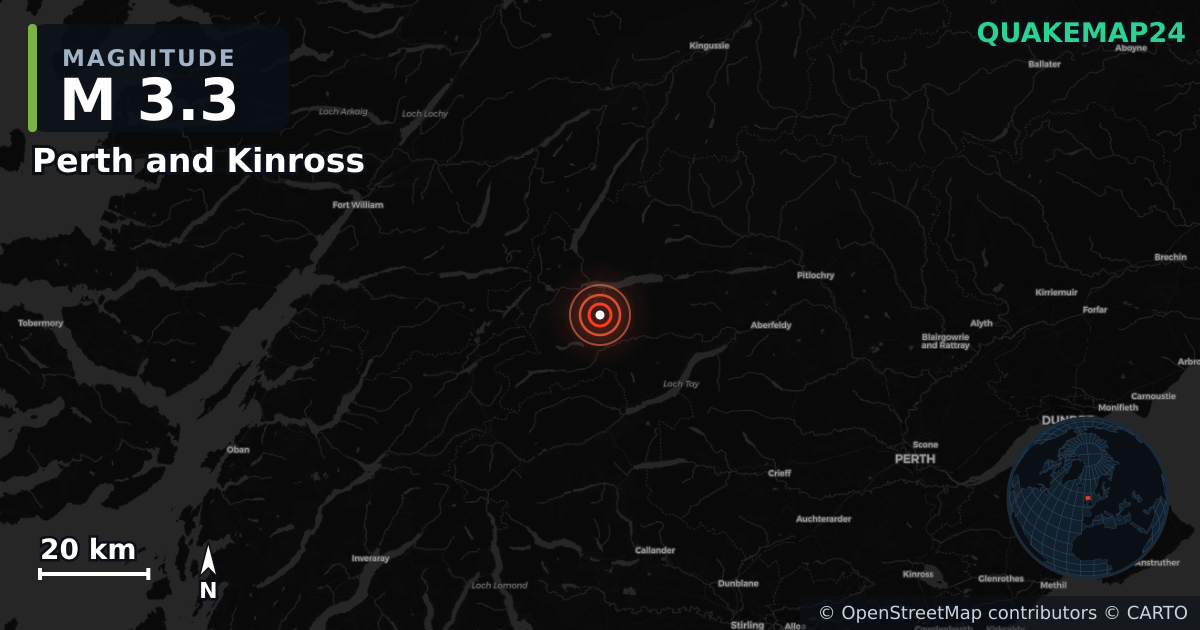 M3.3 earthquake near Perth and Kinross on Apr 16, 2026 — map of epicenter and shaking intensity | QuakeMap24