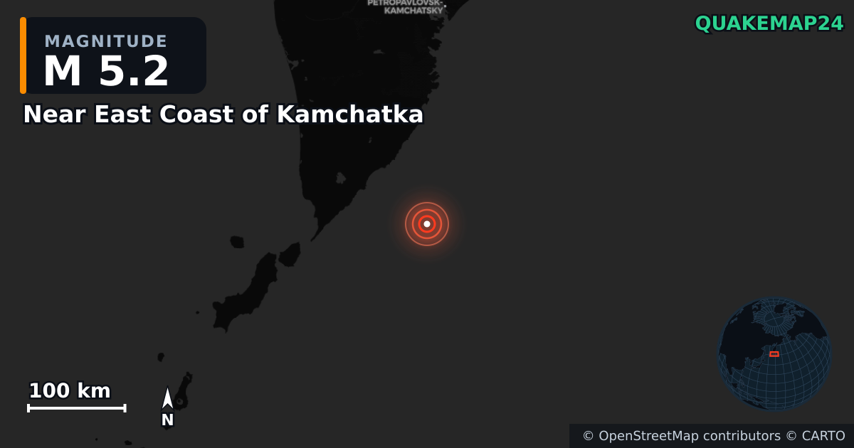 M5.2 earthquake near Near East Coast of Kamchatka on Mar 3, 2026 — map of epicenter and shaking intensity | QuakeMap24