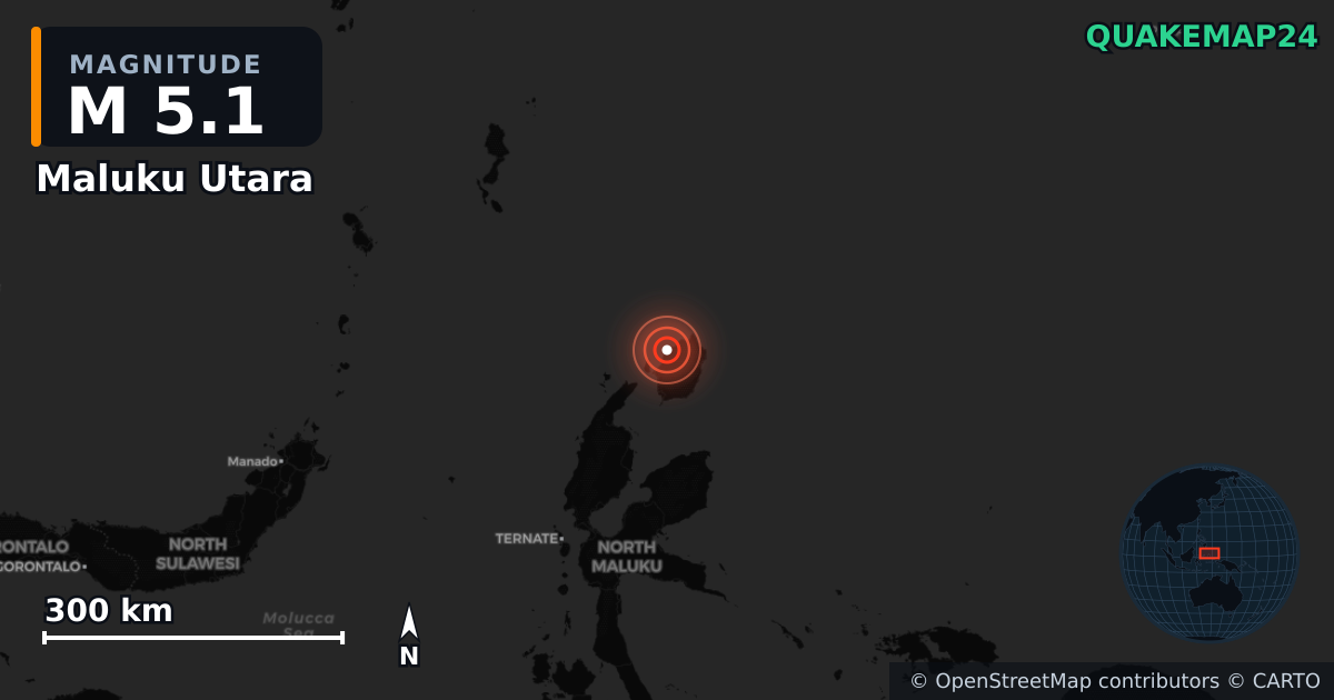 M5.1 earthquake near Maluku Utara on Aug 26, 2025 — map of epicenter and shaking intensity | QuakeMap24