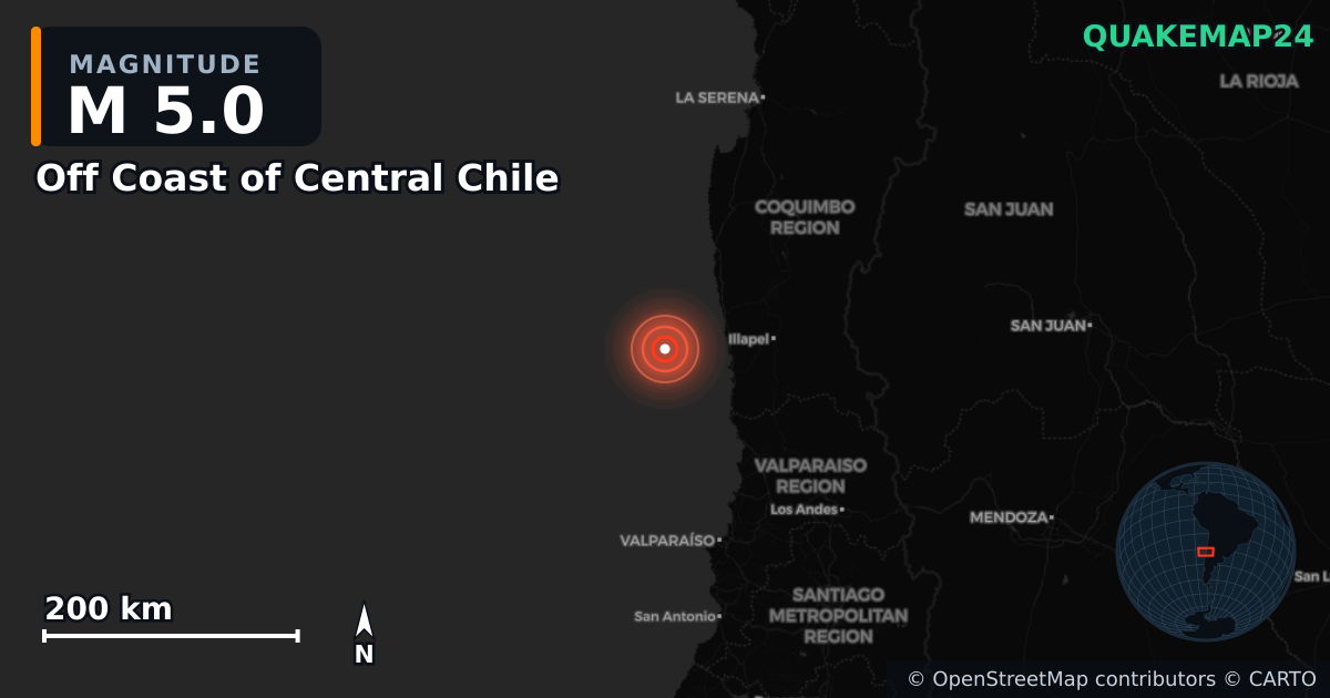 Sismo de M5,0 perto de Off Coast of Central Chile — Mapa da localização do epicentro