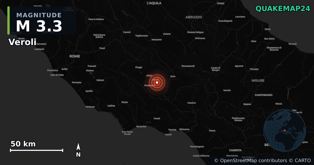 M3.3 earthquake near Veroli on Jan 20, 2026 — map of epicenter and shaking intensity | QuakeMap24