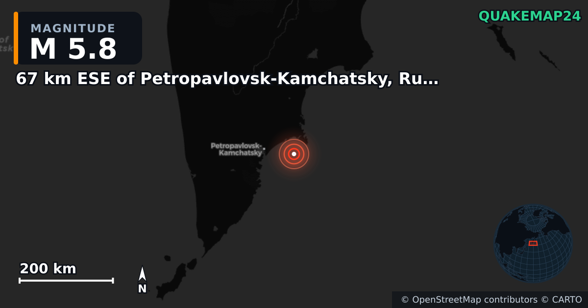 M5.8 earthquake near 67 km ESE of Petropavlovsk-Kamchatsky, Russia on Aug 15, 2025 — map of epicenter and shaking intensity | QuakeMap24