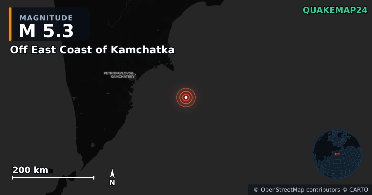M5.3 earthquake near Off East Coast of Kamchatka on Jul 30, 2025 — map of epicenter and shaking intensity | QuakeMap24