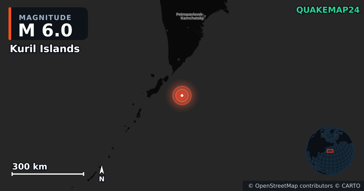 M6.0 earthquake near Kuril Islands on Jun 7, 2026 — map of epicenter and shaking intensity | QuakeMap24