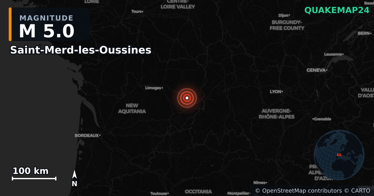 M5.0 earthquake near Saint-Merd-les-Oussines on Aug 13, 2026 — map of epicenter and shaking intensity | QuakeMap24