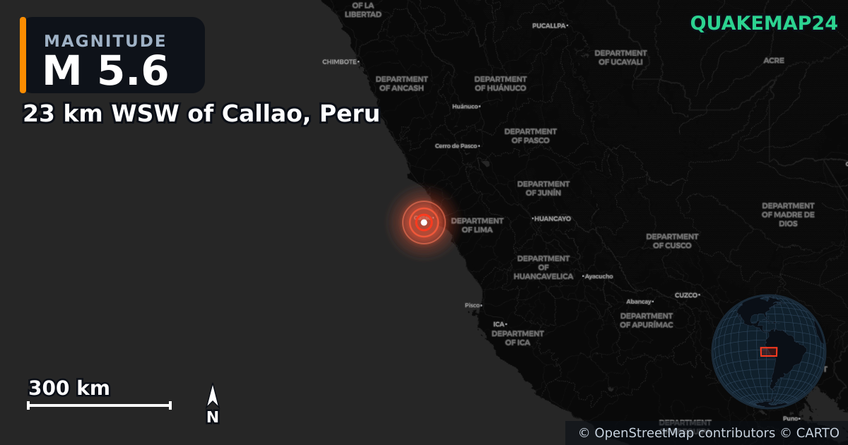 M5.6 earthquake near 23 km WSW of Callao, Peru on Jun 15, 2025 — map of epicenter and shaking intensity | QuakeMap24