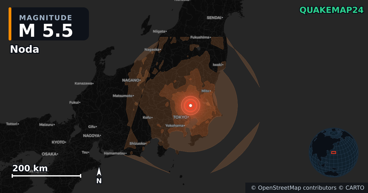 M5.5 earthquake near Noda on Jun 16, 2026 — map of epicenter and shaking intensity | QuakeMap24