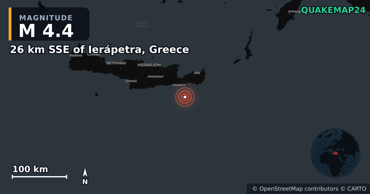 Σεισμός M4,4 κοντά στο 26 km SSE of Ierápetra, Greece · 2026-04-25 — Χάρτης της θέσης του επικέντρου
