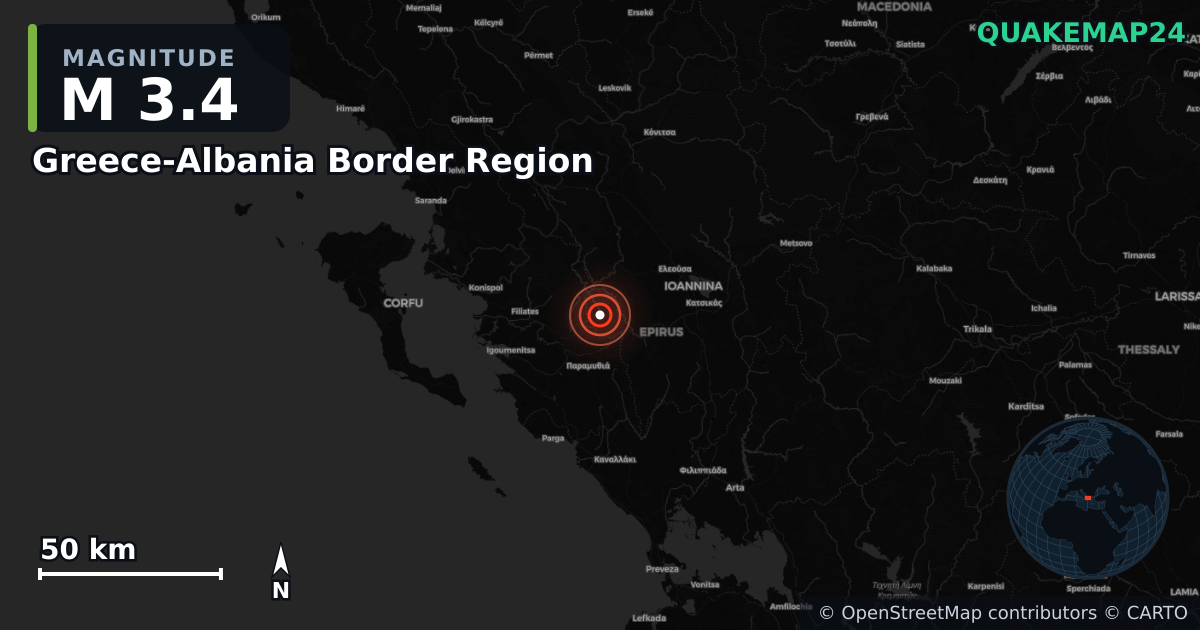 Erdbeben M3,4 bei Greece-Albania Border Region · 2026-03-08 — Karte der Lage des Epizentrums