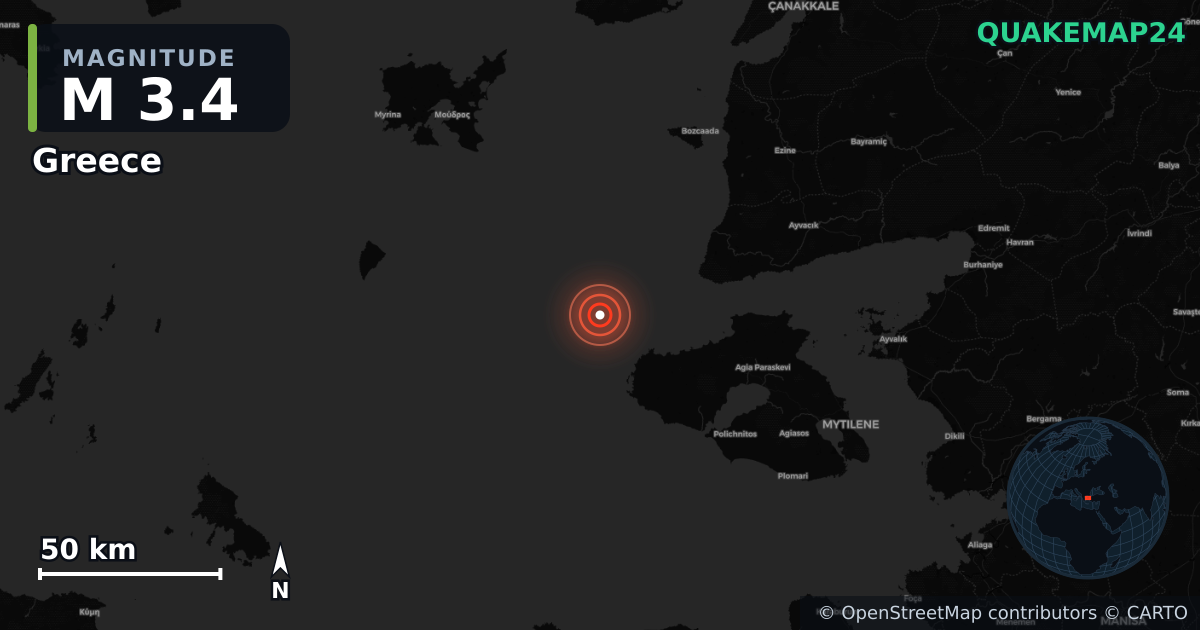 M3.4 earthquake near Greece on Jul 24, 2026 — map of epicenter and shaking intensity | QuakeMap24