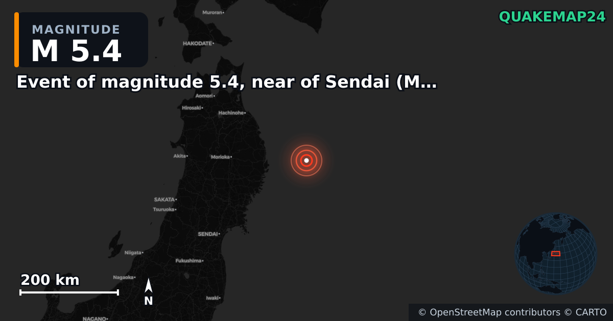 M5.4 earthquake near Event of magnitude 5.4, near of Sendai (Monde) on Nov 9, 2025 — map of epicenter and shaking intensity | QuakeMap24
