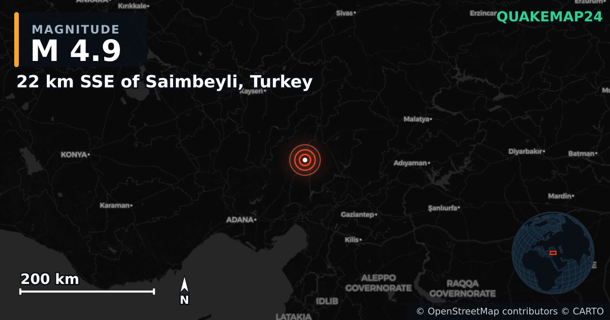 Erdbeben M4,9 bei 22 km SSE of Saimbeyli, Turkey · 2026-05-24 — Karte der Lage des Epizentrums