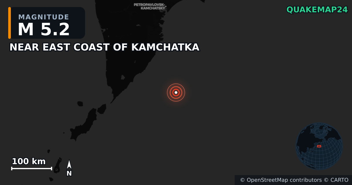 M5.2 earthquake near NEAR EAST COAST OF KAMCHATKA on Jul 30, 2025 — map of epicenter and shaking intensity | QuakeMap24