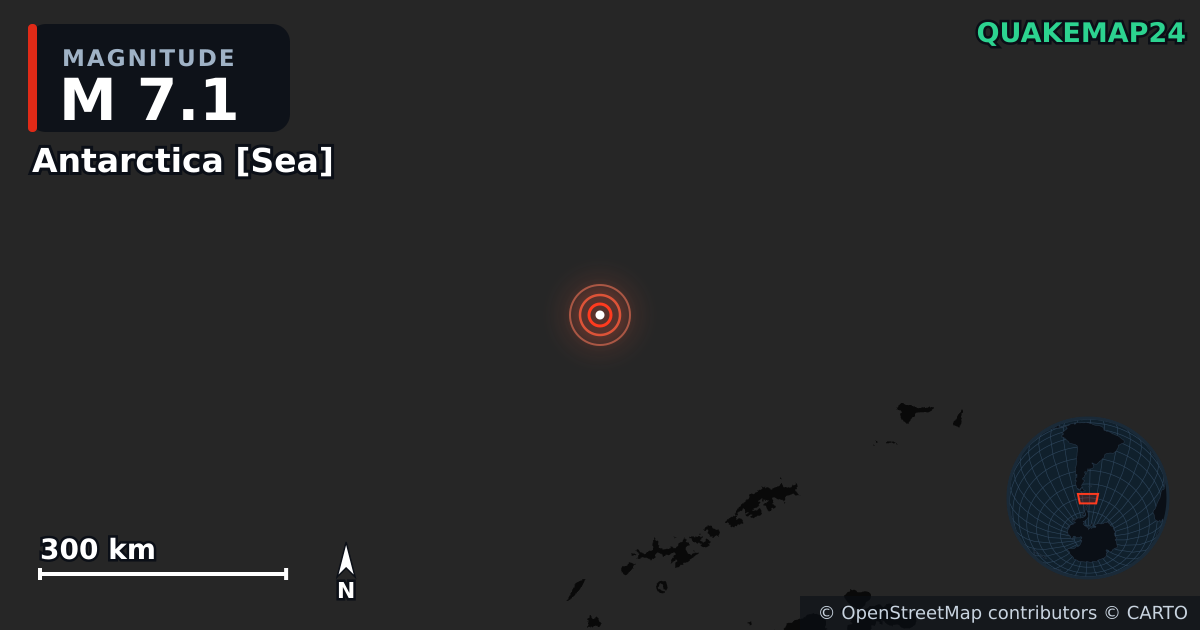 M7.1 earthquake near Antarctica [Sea] on Oct 10, 2025 — map of epicenter and shaking intensity | QuakeMap24