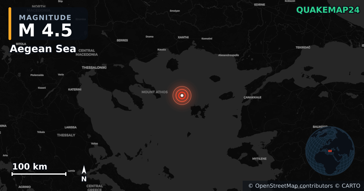M4.5 earthquake near Aegean Sea on Jun 5, 2025 — map of epicenter and shaking intensity | QuakeMap24
