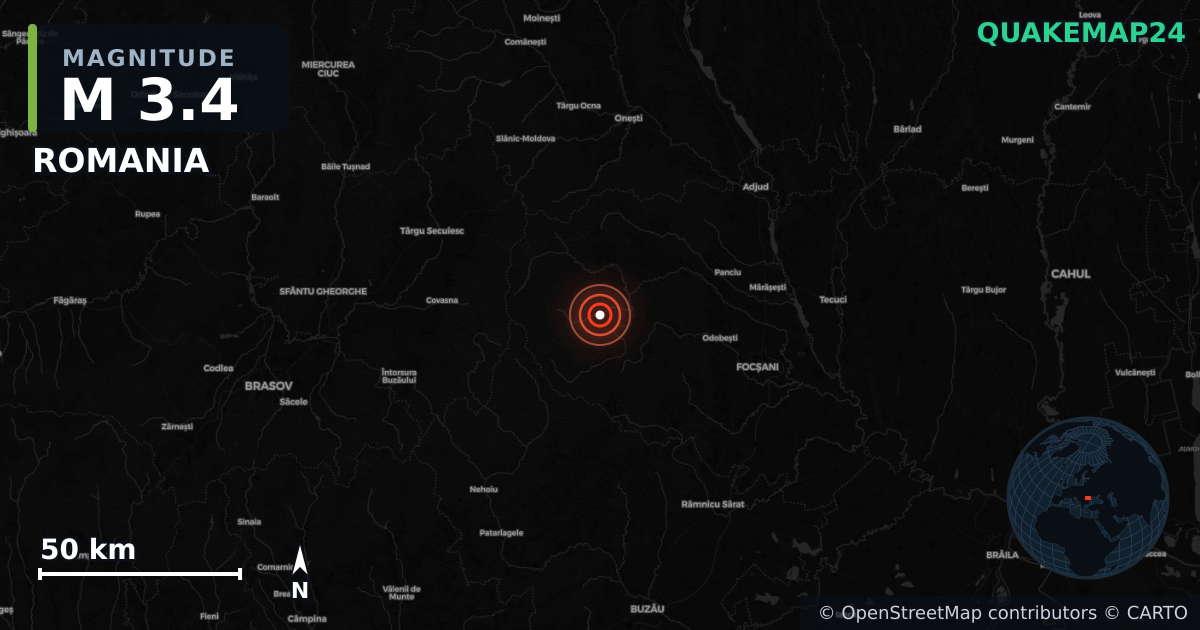 M3.4 earthquake near ROMANIA on Jul 28, 2025 — map of epicenter and shaking intensity | QuakeMap24