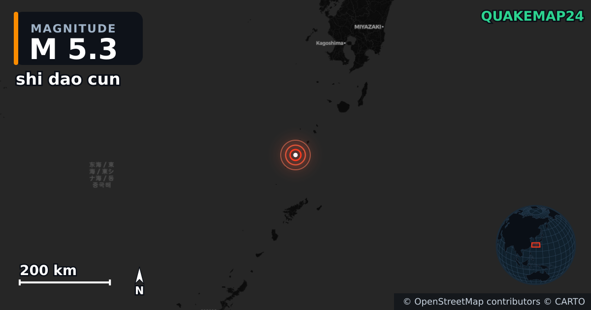 M5.3 earthquake near shi dao cun on Jun 24, 2025 — map of epicenter and shaking intensity | QuakeMap24