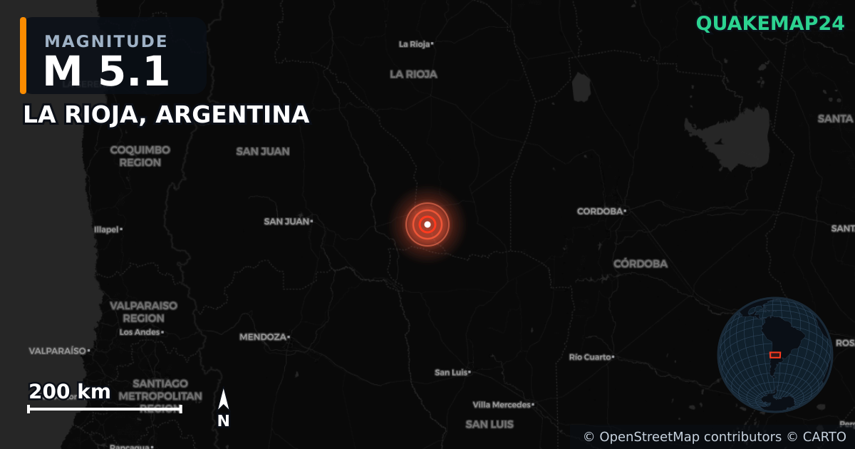 LA RIOJA, ARGENTINA yakınında M5,1 deprem — Deprem merkez üssünün konumunu gösteren harita