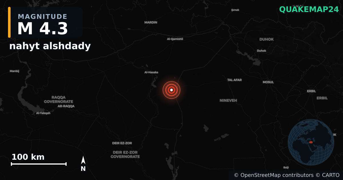 M4.3 earthquake near nahyt alshdady on Sep 4, 2025 — map of epicenter and shaking intensity | QuakeMap24