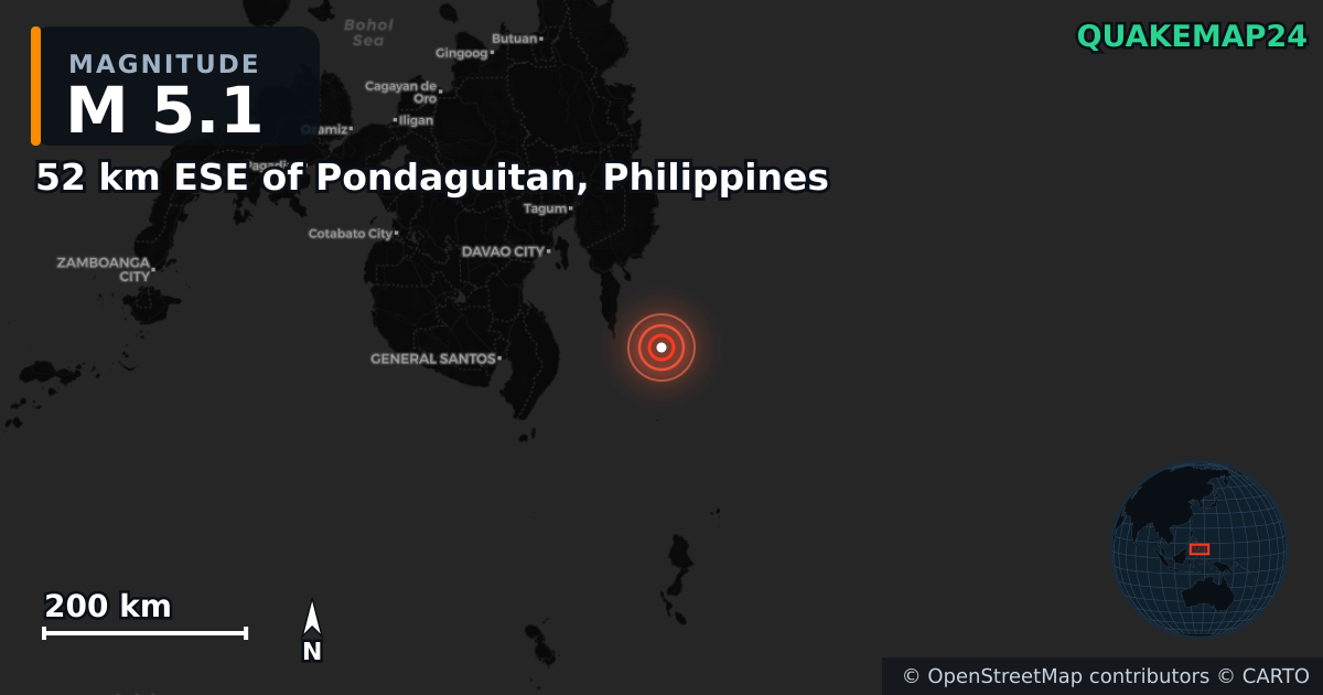 52 km ESE of Pondaguitan, Philippines yakınında M5,1 deprem — Deprem merkez üssünün konumunu gösteren harita