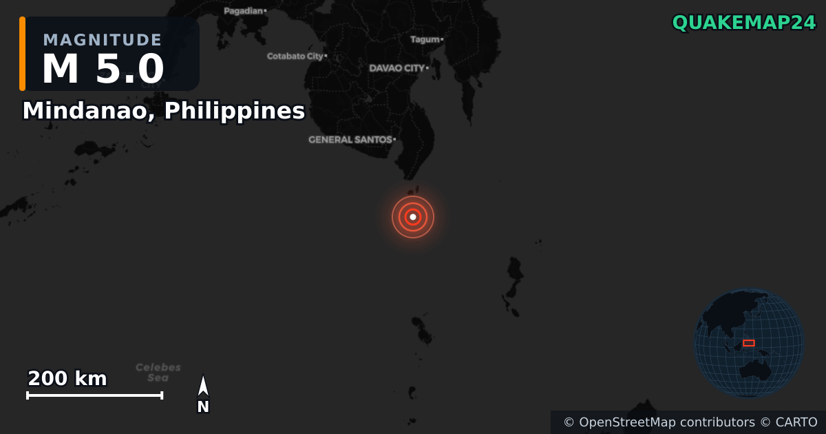 Σεισμός M5,0 κοντά στο Mindanao, Philippines — Χάρτης της θέσης του επικέντρου