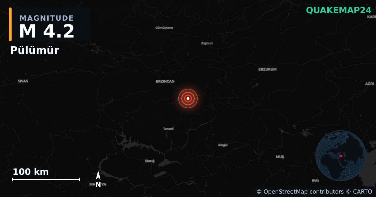 M4.2 earthquake near Pülümür on Dec 9, 2025 — map of epicenter and shaking intensity | QuakeMap24