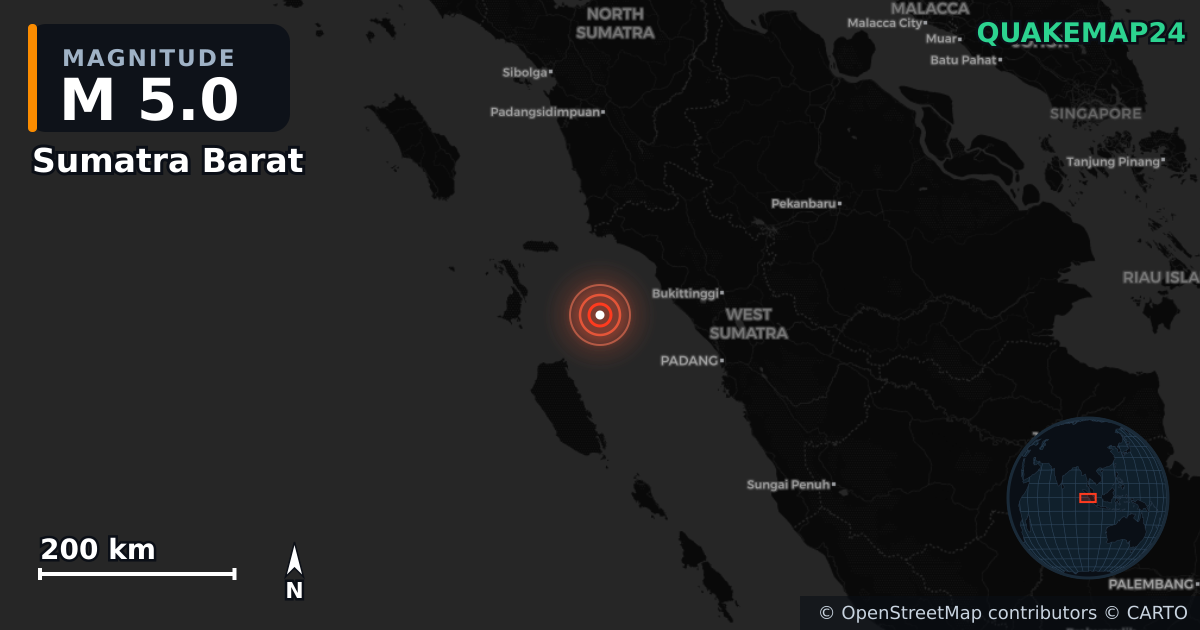 M5.0 earthquake near Sumatra Barat on Feb 16, 2026 — map of epicenter and shaking intensity | QuakeMap24