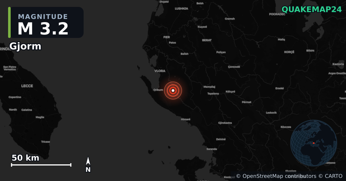 M3.2 earthquake near Gjorm on Oct 6, 2025 — map of epicenter and shaking intensity | QuakeMap24