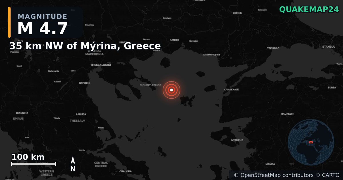 M4.7 earthquake near 35 km NW of Mýrina, Greece on Jun 5, 2025 — map of epicenter and shaking intensity | QuakeMap24