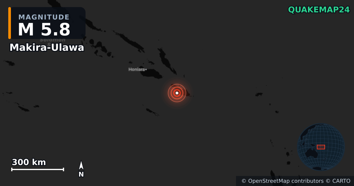 M5.8 earthquake near Makira-Ulawa on Apr 18, 2026 — map of epicenter and shaking intensity | QuakeMap24