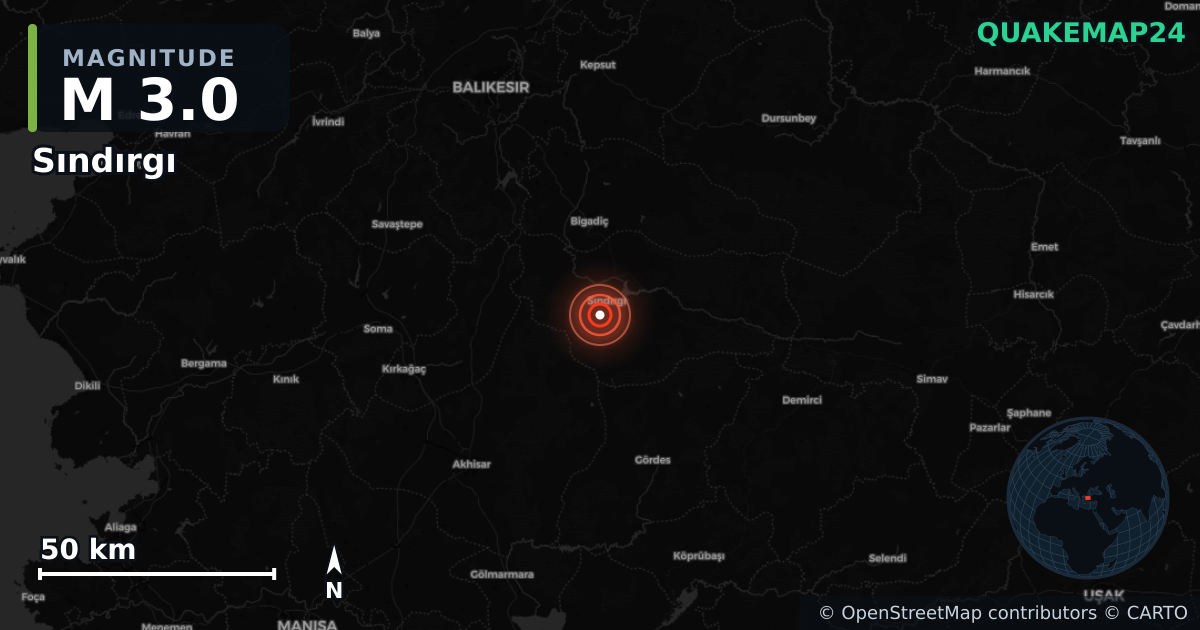 M3.0 earthquake near Sındırgı on Aug 12, 2025 — map of epicenter and shaking intensity | QuakeMap24