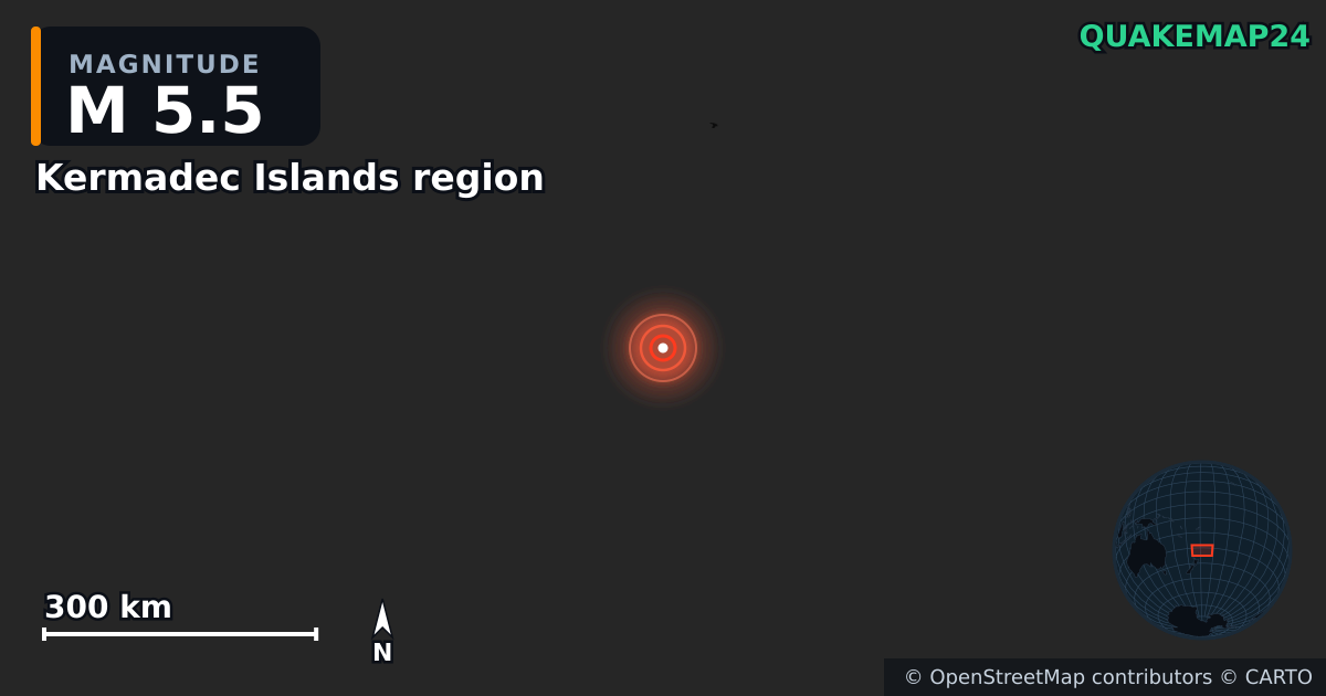 M5.5 earthquake near Kermadec Islands region on Sep 23, 2025 — map of epicenter and shaking intensity | QuakeMap24