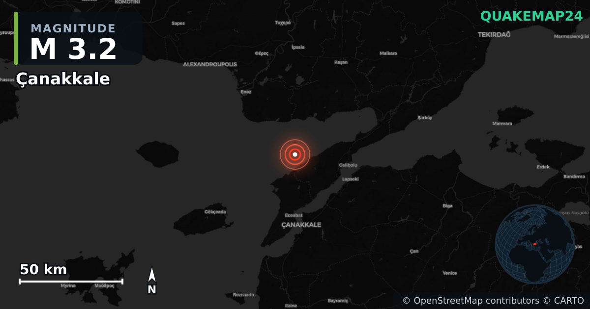 M3.2 earthquake near Çanakkale on Jan 22, 2026 — map of epicenter and shaking intensity | QuakeMap24