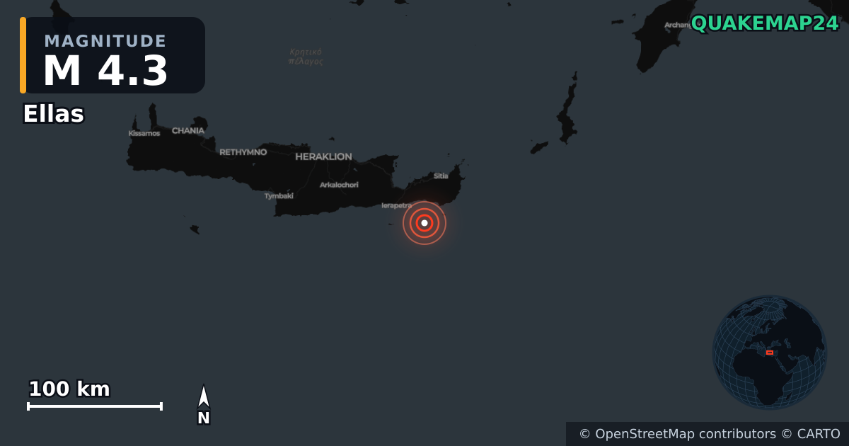 Σεισμός M4,3 κοντά στο Ελλάς (Ελλάδα) · 2026-05-05 — Χάρτης της θέσης του επικέντρου