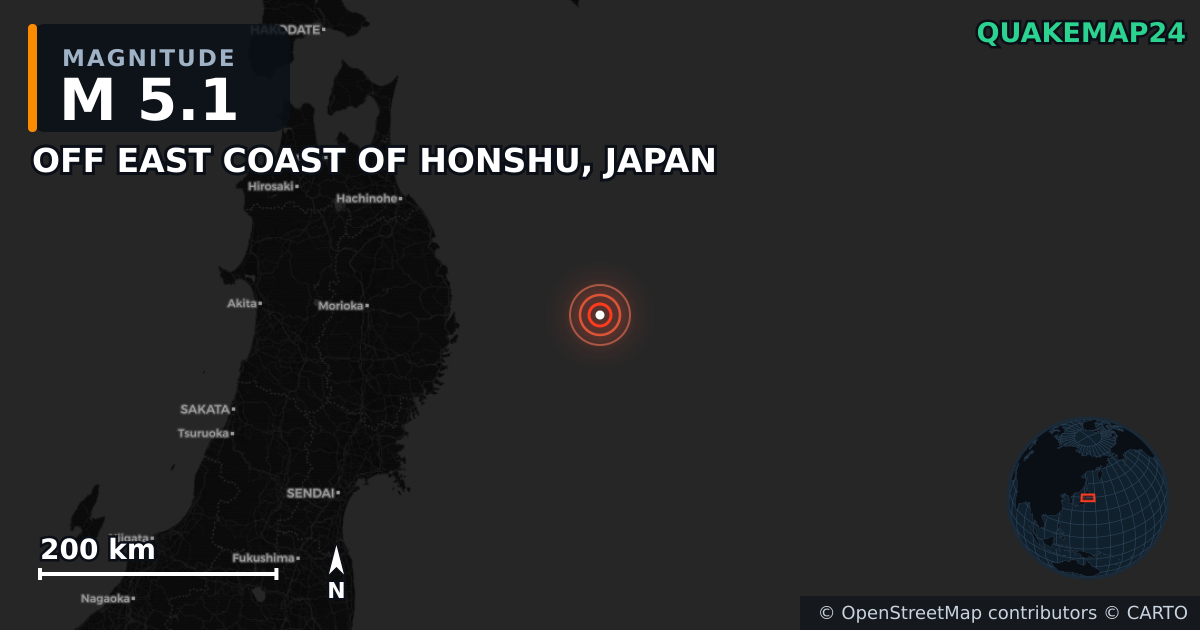 M5.1 earthquake near OFF EAST COAST OF HONSHU, JAPAN on Nov 10, 2025 — map of epicenter and shaking intensity | QuakeMap24