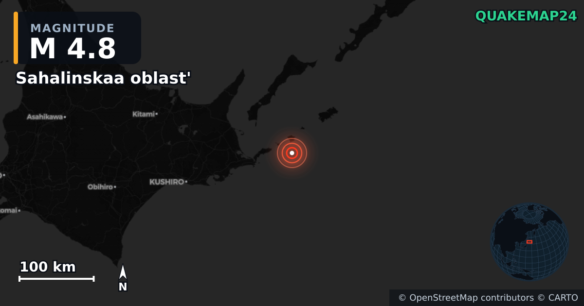 M4.8 earthquake near Sahalinskaa oblast' on Jul 9, 2025 — map of epicenter and shaking intensity | QuakeMap24